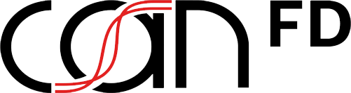 CAN FD Logo - Black sans-serif type with red intertwining lines through letter a